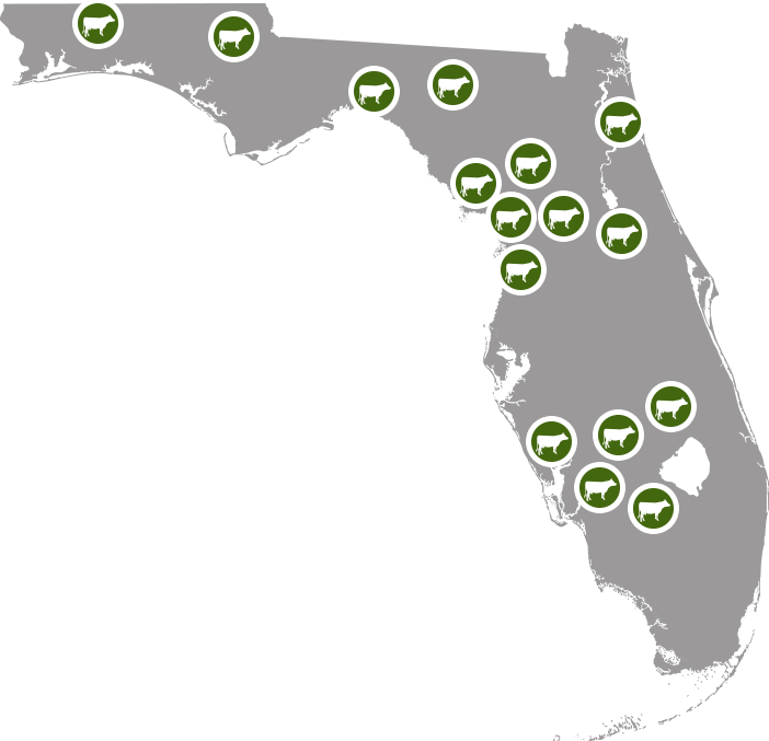 Map of Florida with locations of dairy farms