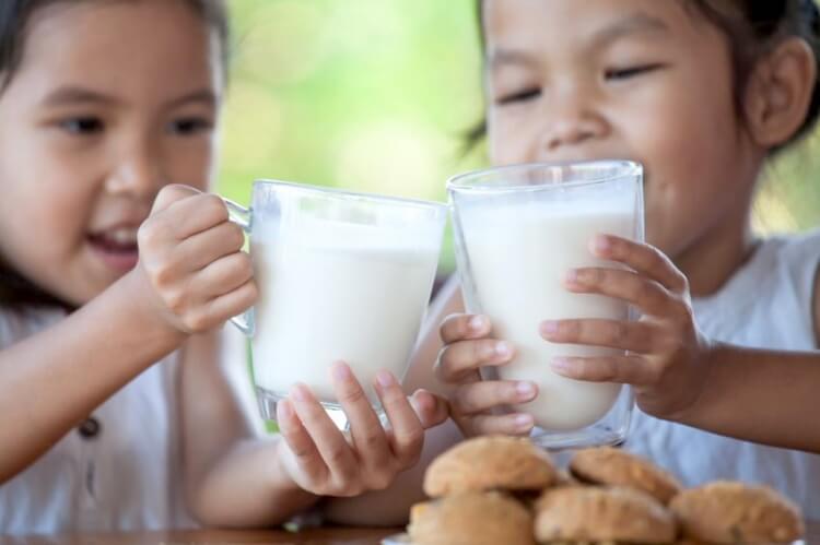 two girls with milk and cookies