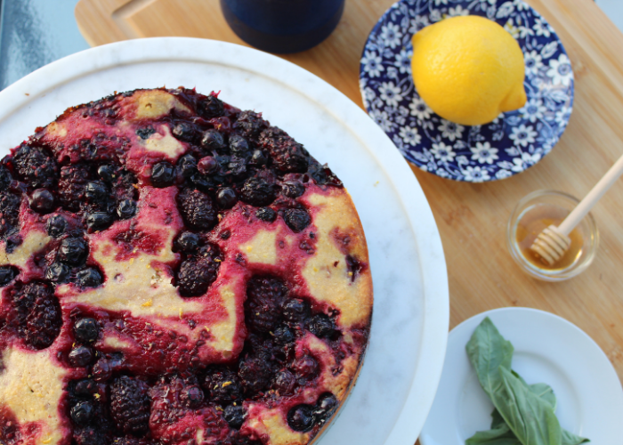 Crushed Berry Cornmeal Cake with Lemon Zest and Honey