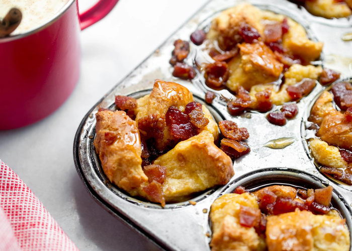 Eggnog French Toast Muffins with Candied Bacon