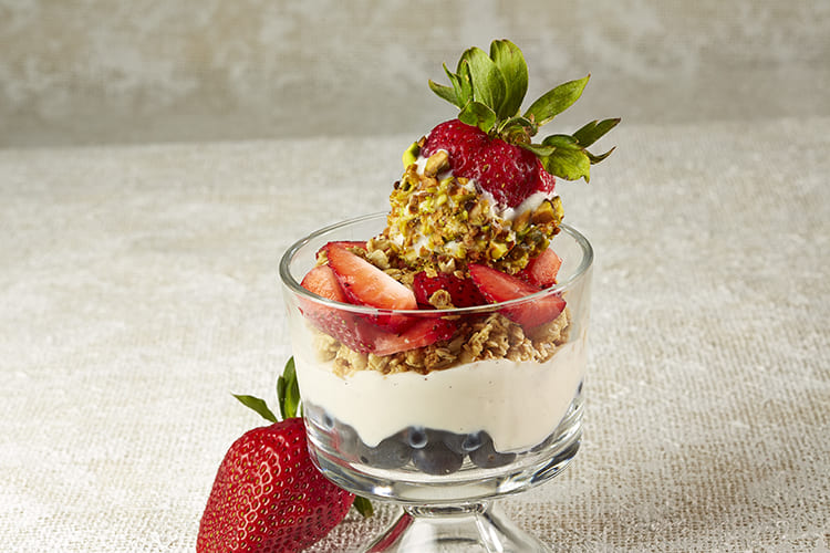 Yogurt and Berry Parfait with White Chocolate Strawberry