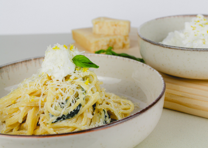 Pasta with Ricotta, Garlic Confit, Spinach, and Lemon Zest