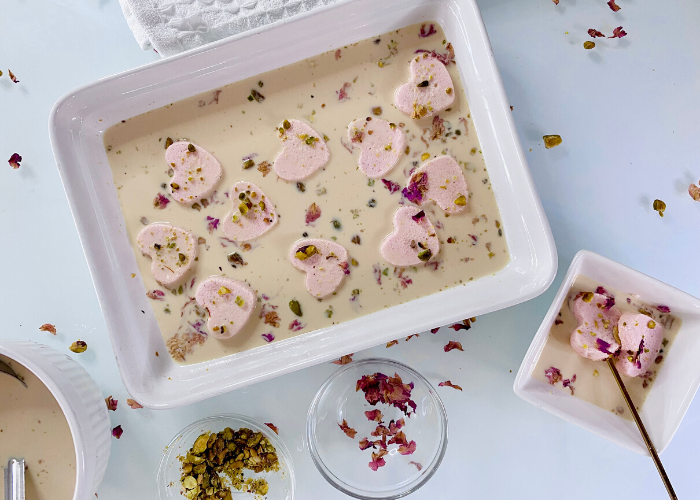 Rasmalai Cheese Hearts in Rose Milk