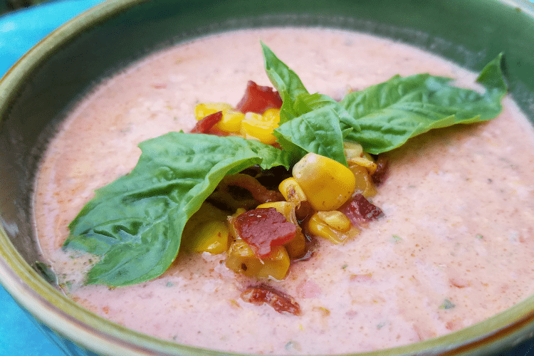 Garden Gazpacho with Fried Sweet Corn and Bacon Topping