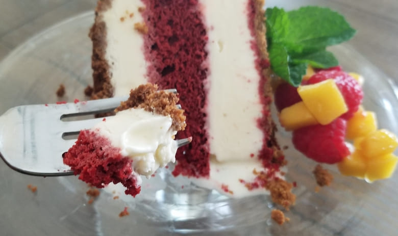 Red Velvet Ice Cream Cake with Mango and Raspberry Topping