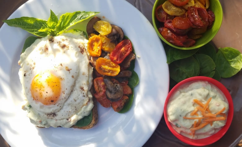 Ricotta Avocado Toast with Roasted Tomatoes, Mushrooms, and Farm Egg