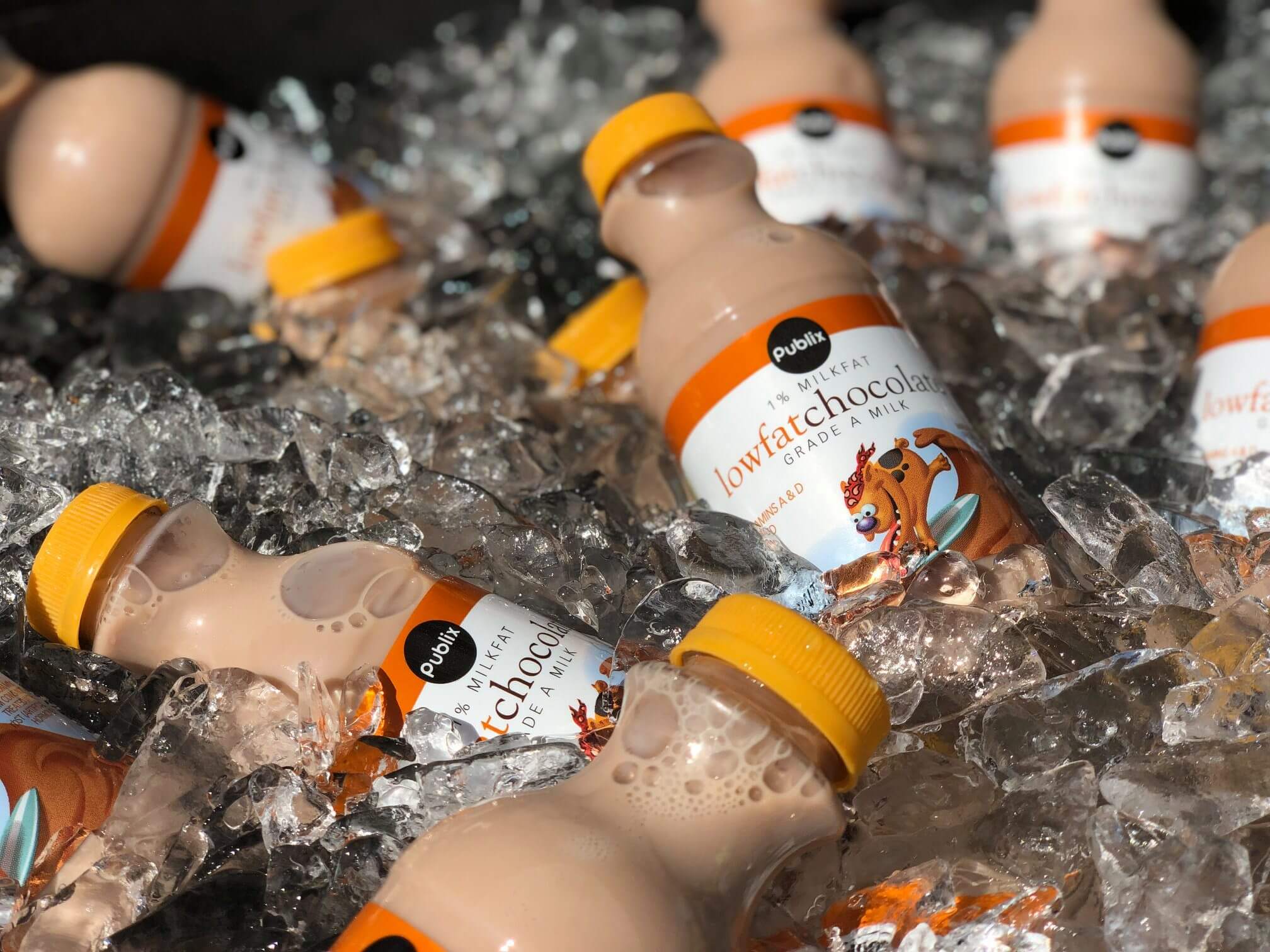bottles of chocolate milk in ice