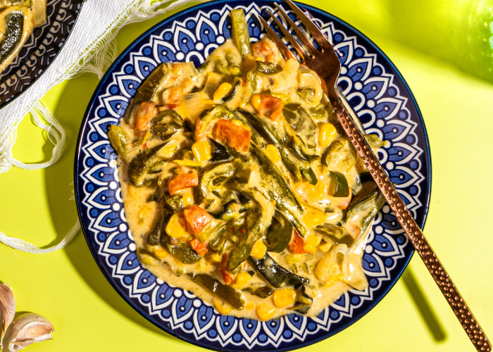 Cactus With Sliced Poblano Peppers, Cream and Corn