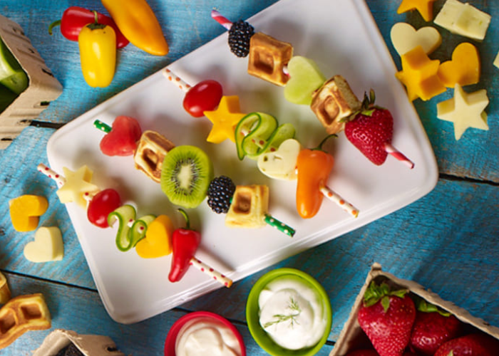 Fruit and Waffle Kabobs with a Yogurt & Honey Dip