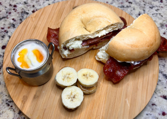 Turkey Bacon & Cream Cheese Bagel and Banana Bites with Honey Yogurt Dip