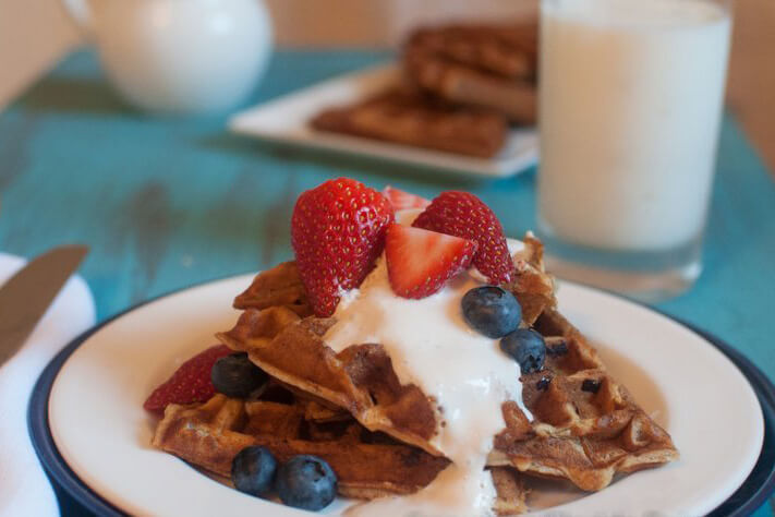 Whole-Wheat Waffles with Creamy Vanilla Yogurt Sauce